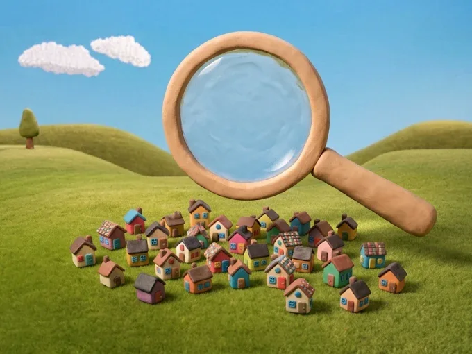 Ilustración en plastilina: una lupa revisa decenas de casitas, como buscar en todos los portales a la vez